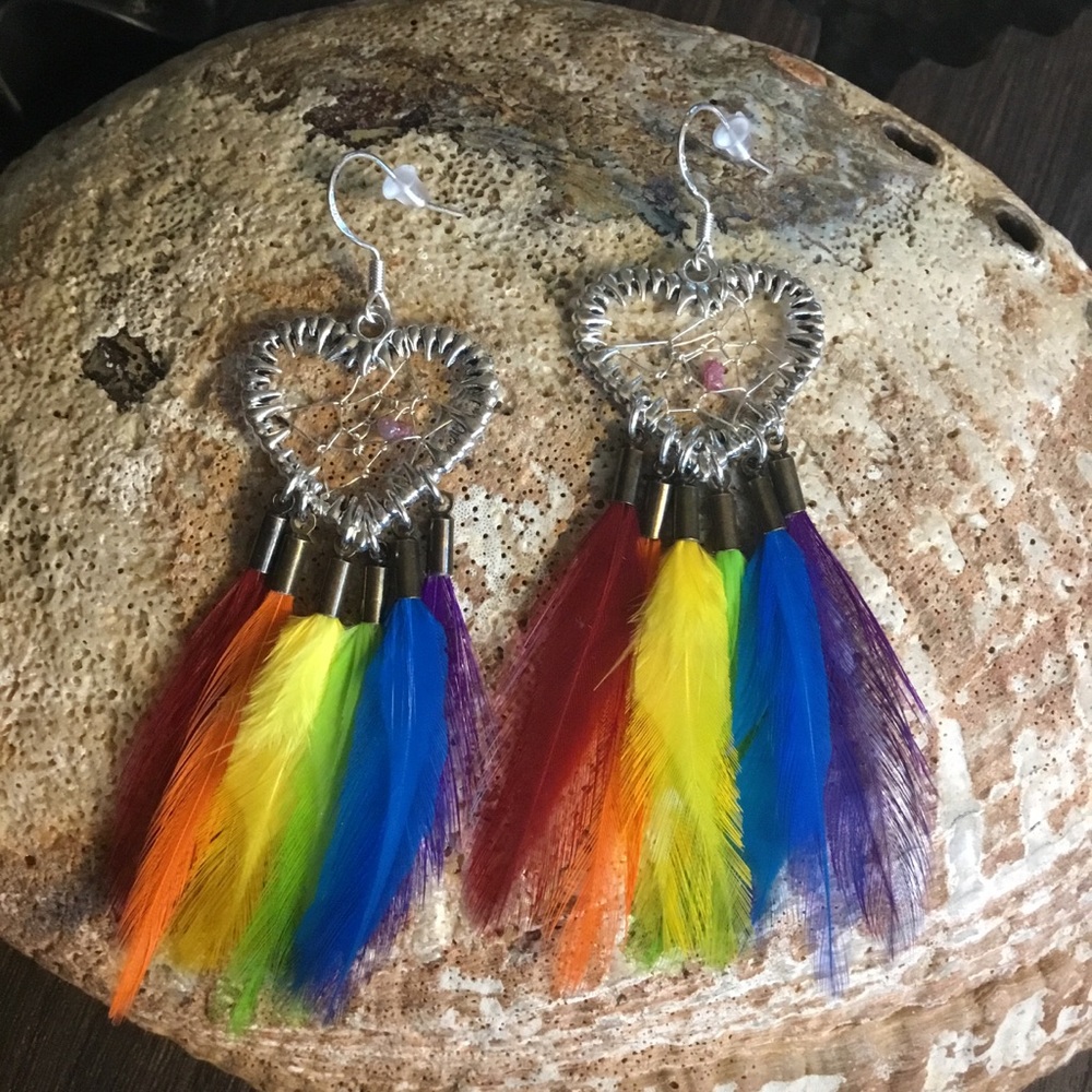 Heart-Shaped LGBTQ Pride Rainbow Feather Earrings with Diamond Nugget